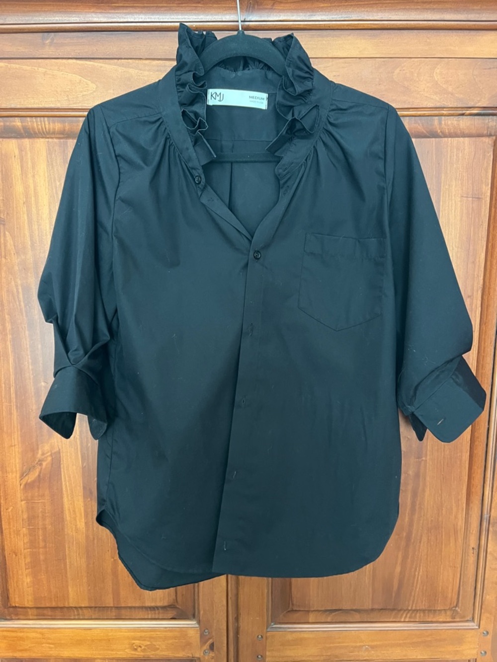 kMJ Southern Lover Black Ruffle-Neck Button Front Blouse
